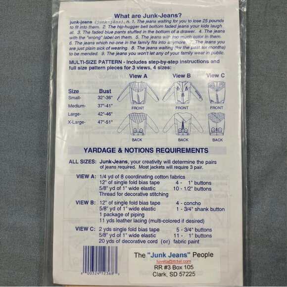 Jacket Vest Vtg Sewing Pattern S-XL Recycle Upcycle Jean Denim Used Blue Jeans - Picture 2 of 2